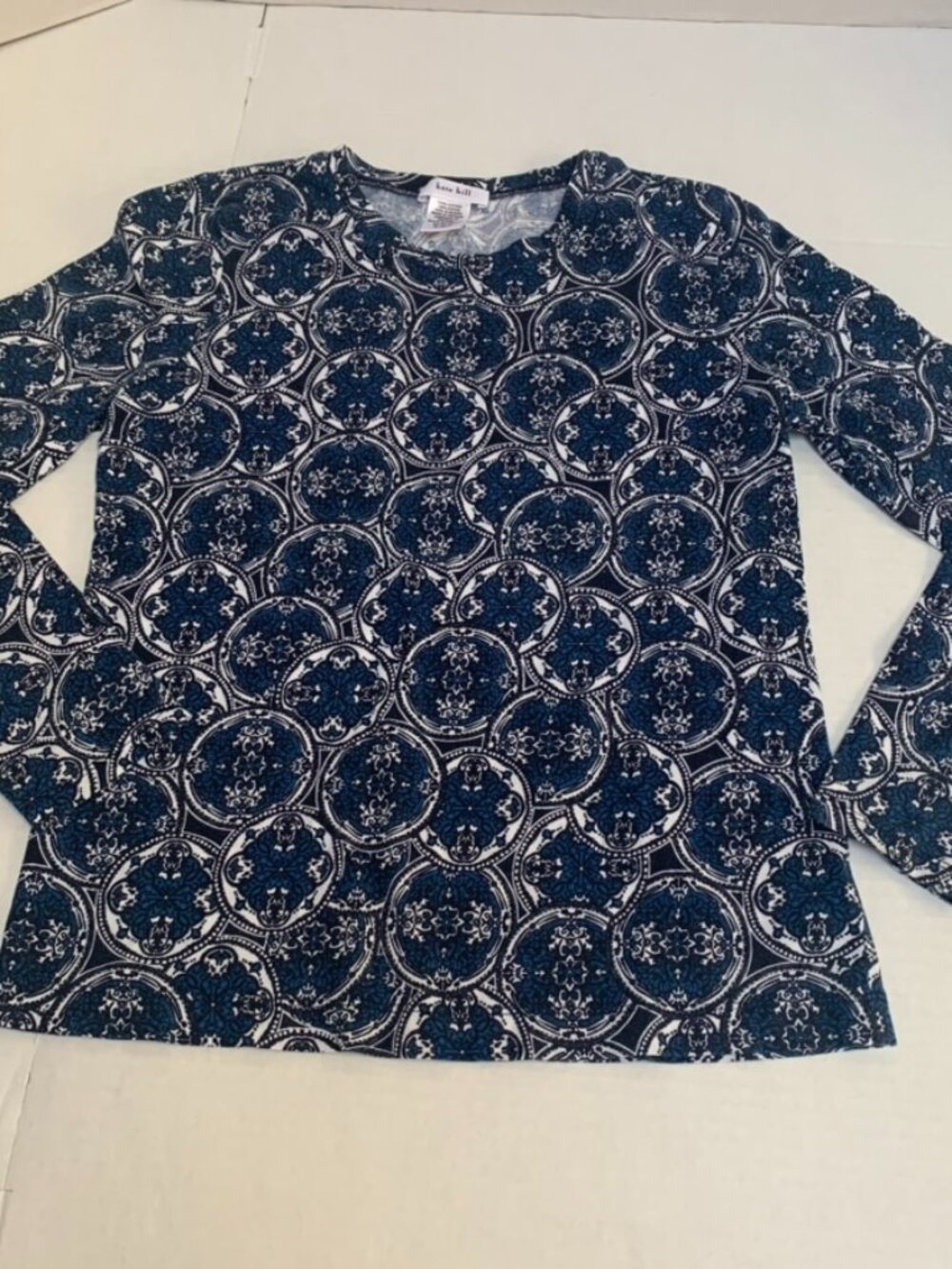 Vintage Kate Hill Blue Black Geometric Design Womans Size Medium Top